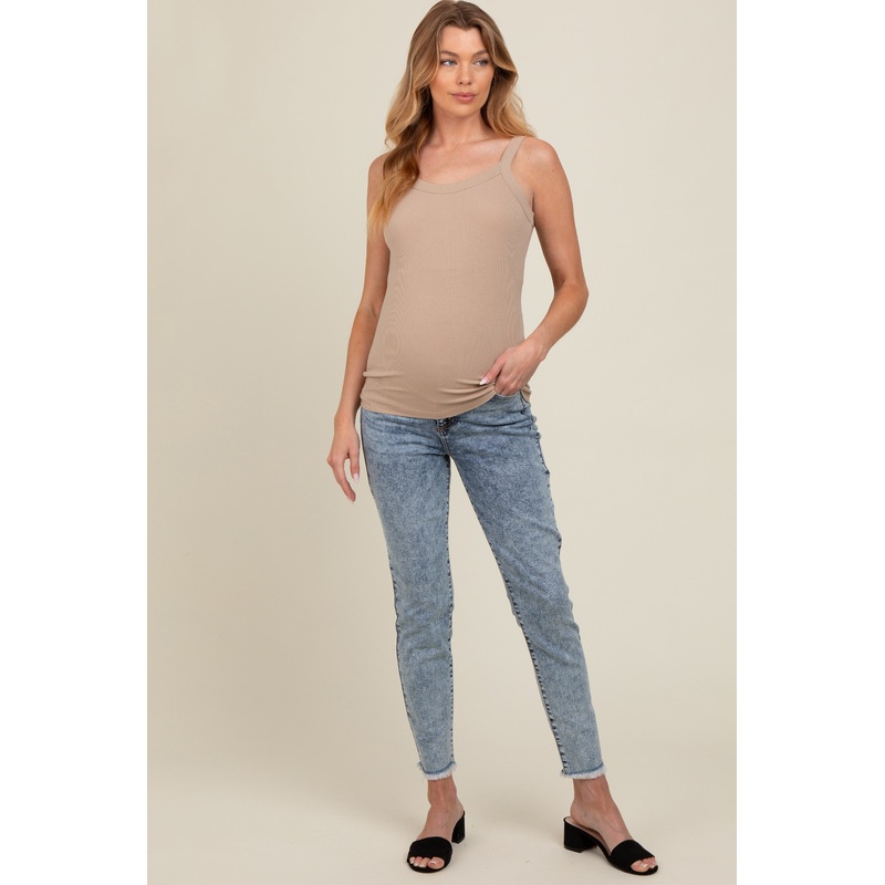 Blue Skinny Fringe Hem Maternity Jeans