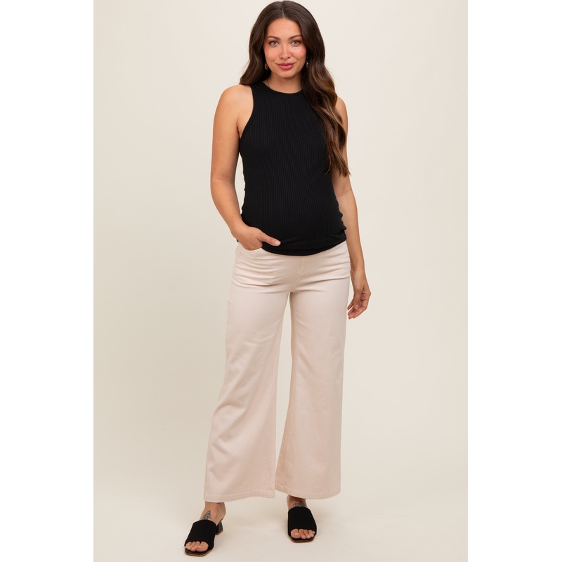Cream Wide Leg Cropped Maternity Pants