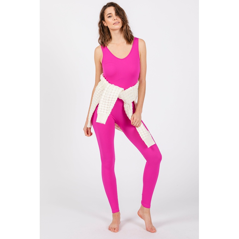 Fuchsia V-Neck Seamless Ribbed Fitted Jumpsuit
