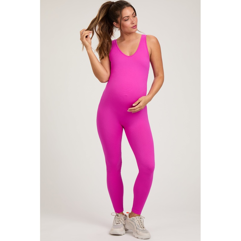 Fuchsia V-Neck Seamless Ribbed Fitted Maternity Jumpsuit