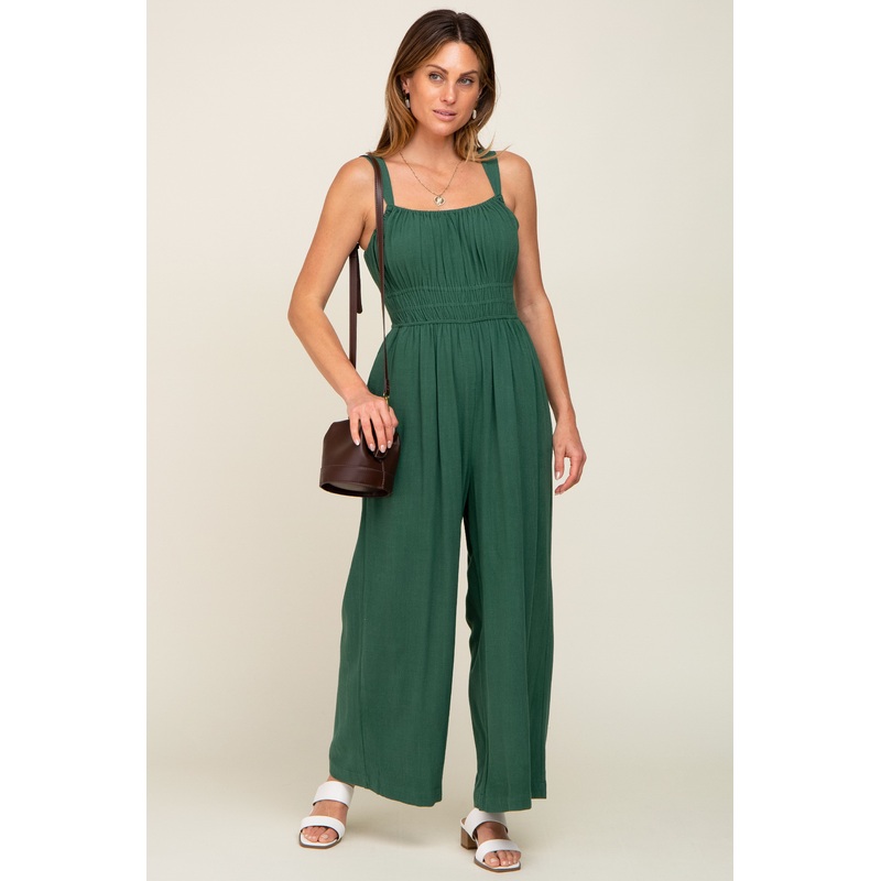 Green Smocked Square Neck Sleeveless Linen Jumpsuit