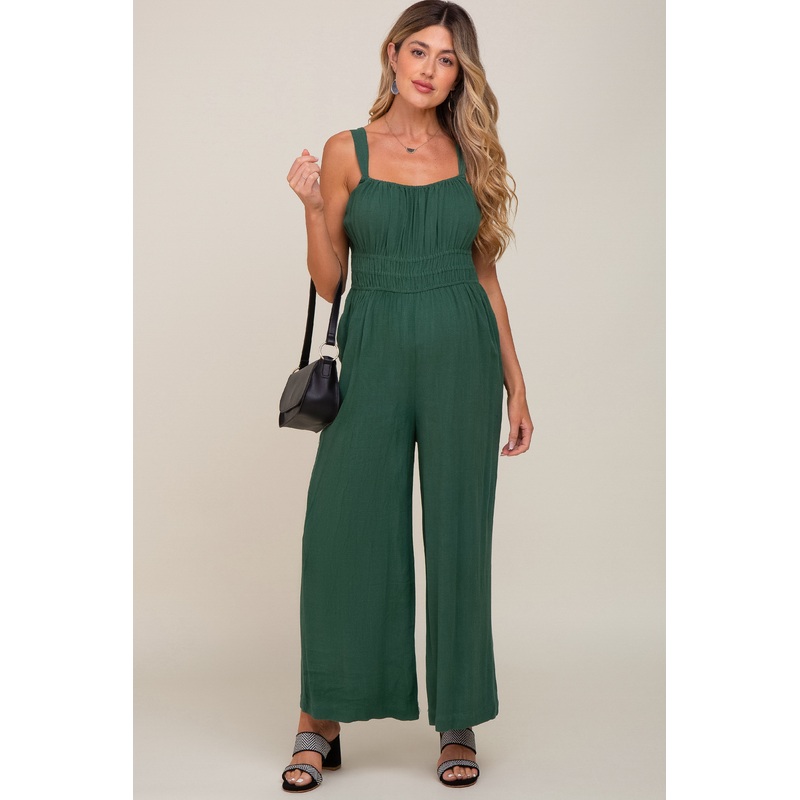 Green Smocked Square Neck Sleeveless Linen Maternity Jumpsuit