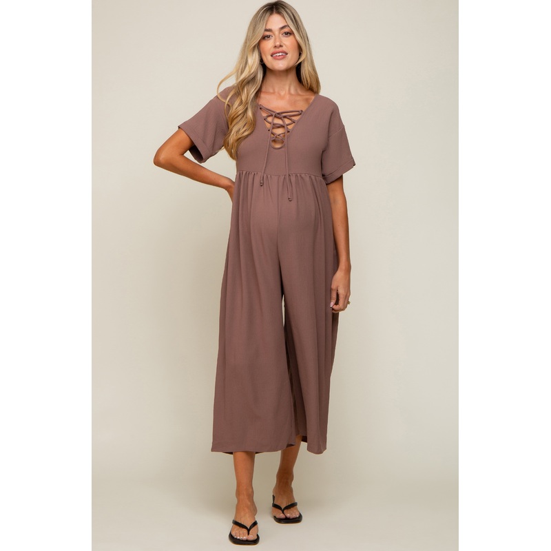 Mocha Crisscross Wide Leg Maternity Jumpsuit