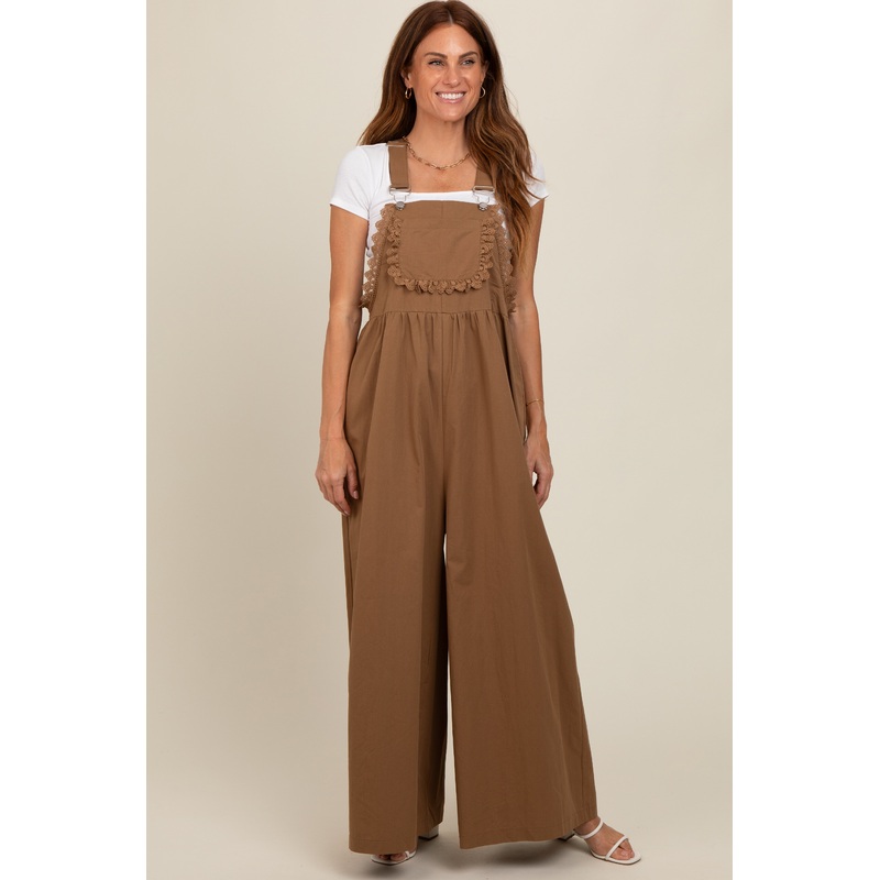 Mocha Crochet Lace Trim Overalls