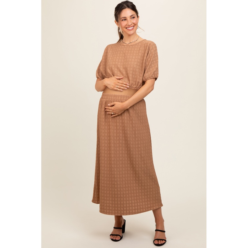 Mocha Waffle Texture Crop Top and Skirt Maternity Set