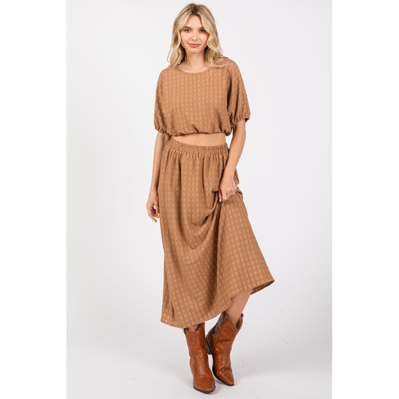 Mocha Waffle Texture Crop Top and Skirt Set