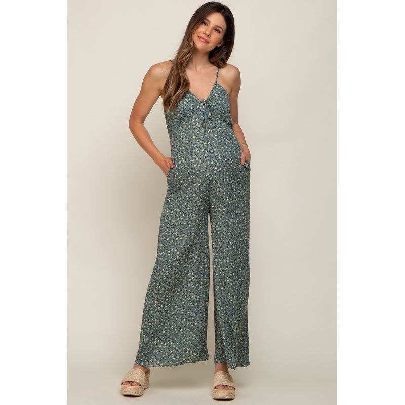 Olive Floral V-Neck Front Tie Sleeveless Maternity Jumpsuit
