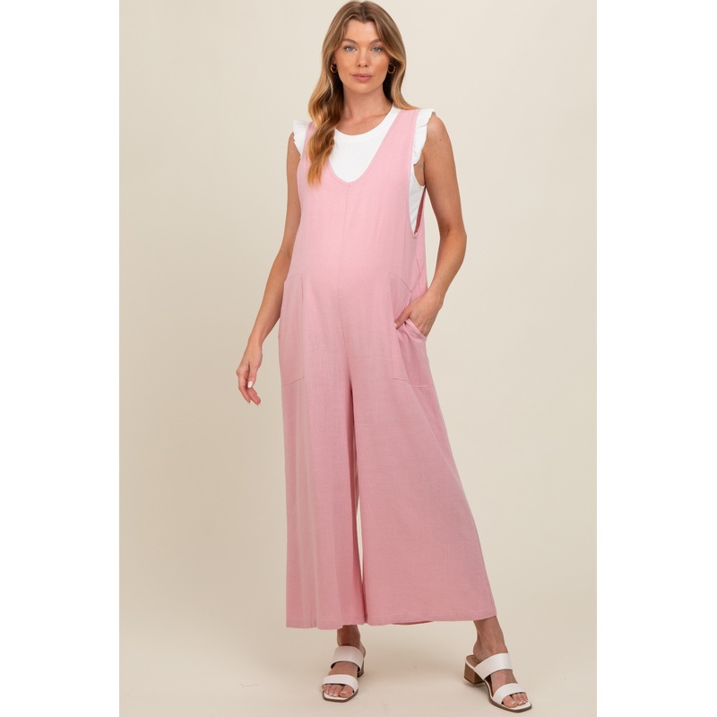 Pink V-Neck Wide Leg Maternity Jumpsuit
