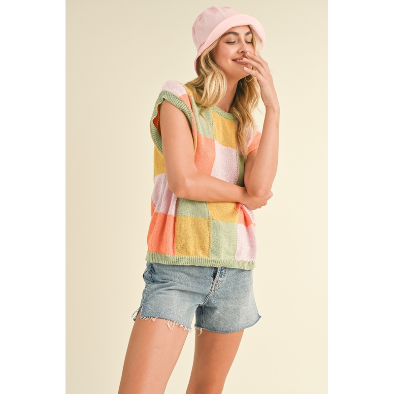 Sage Orange Multi Colorful Checkered Sweater Vest