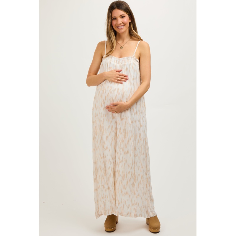 Taupe Printed Sleeveless Maternity Jumpsuit