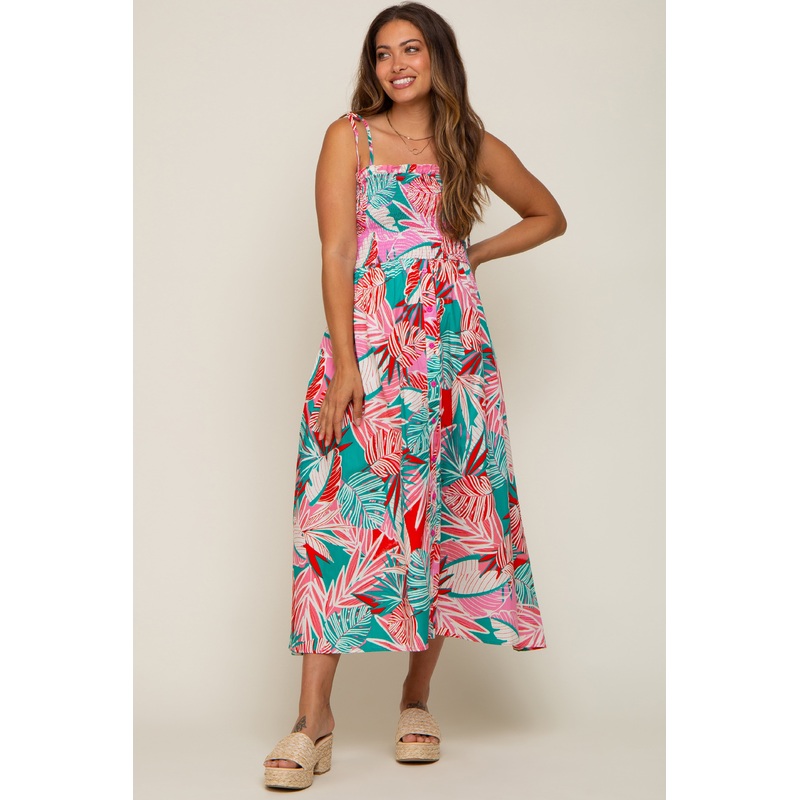 Turquoise Leaf Print Button Accent Maternity Maxi Dress