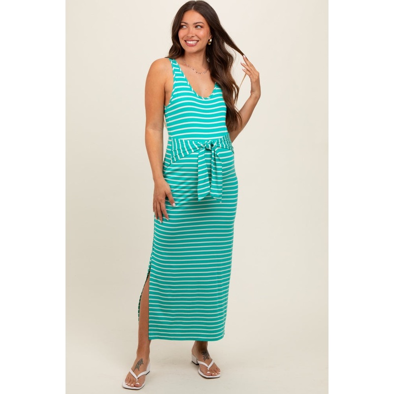 Turquoise Striped Front Tie Maternity Dress