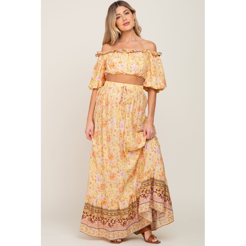 Yellow Floral Off Shoulder Maternity Maxi Skirt Set