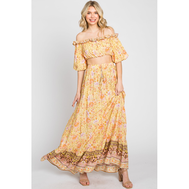 Yellow Floral Off Shoulder Maxi Skirt Set