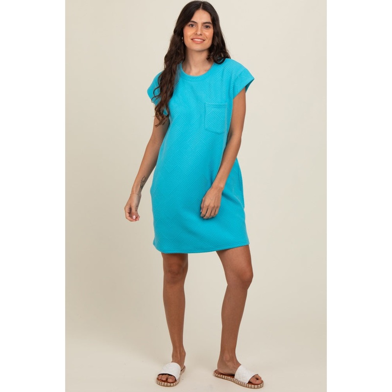 Aqua Front Pocket Line Textured Short Sleeve Dress