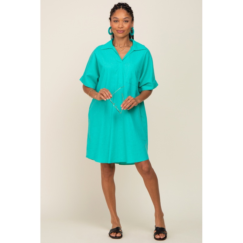 Aqua Linen Collared Front Pocket Short Sleeve Dress