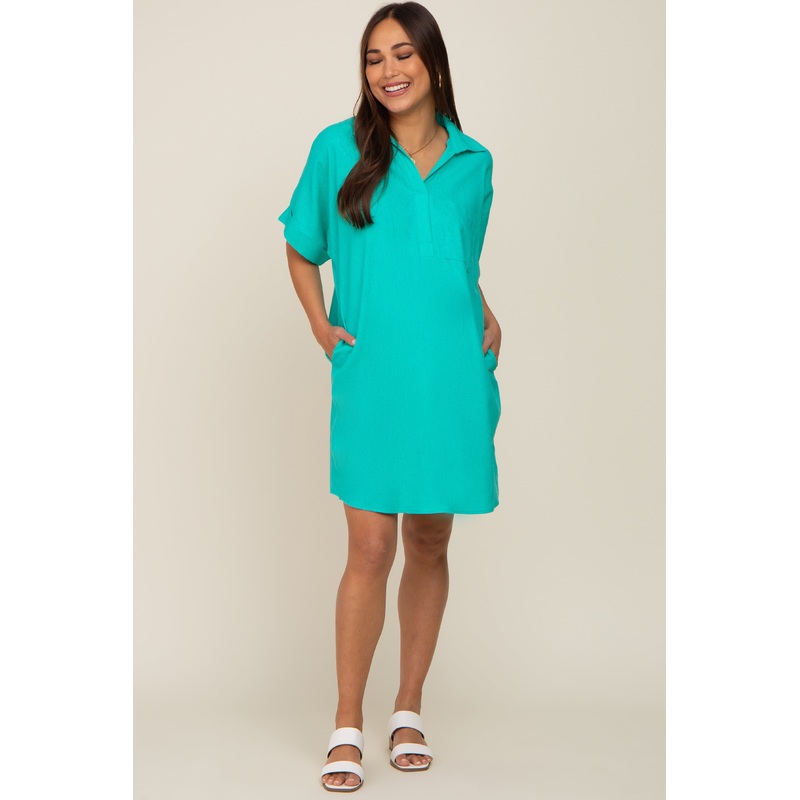 Aqua Linen Collared Front Pocket Short Sleeve Maternity Dress