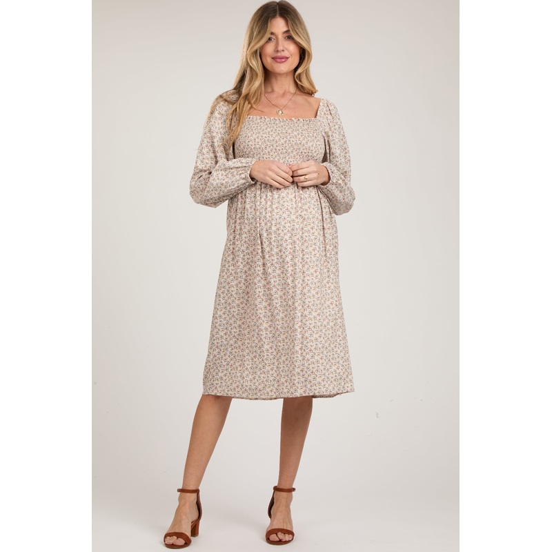 Beige Floral Print Long Sleeve Maternity Midi Dress