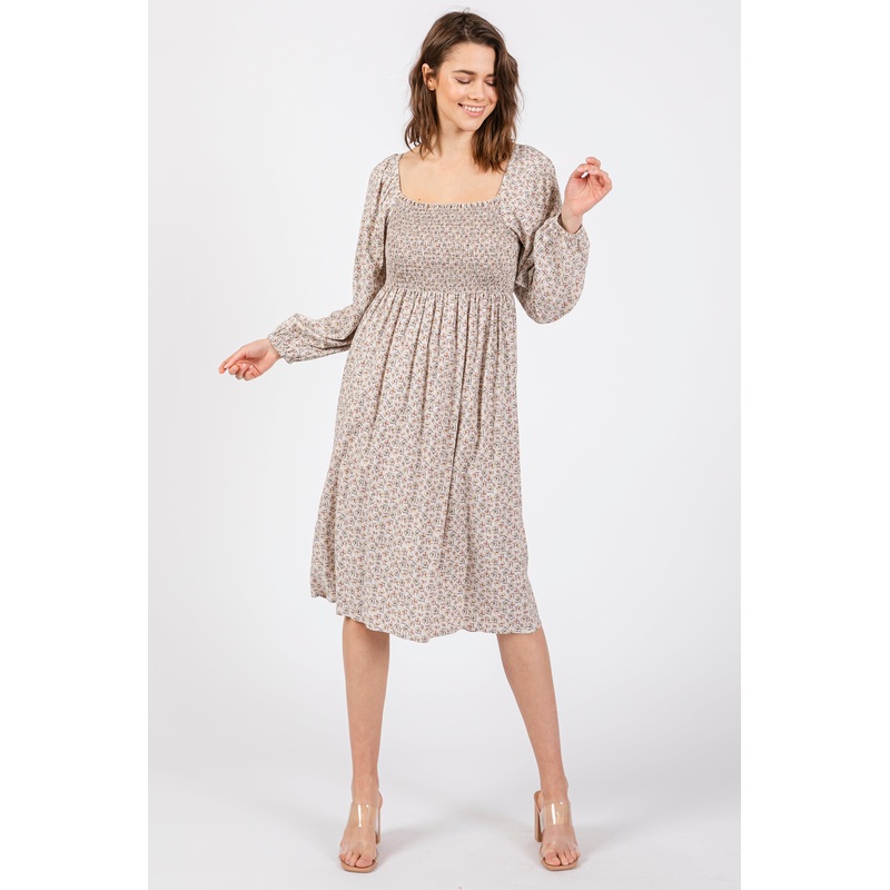 Beige Floral Print Long Sleeve Midi Dress