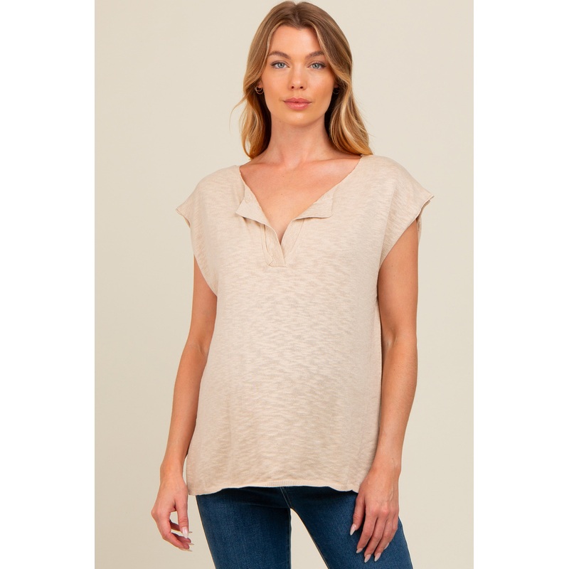 Beige Two Tone Split V-Neck Dolman Short Sleeve Maternity Top