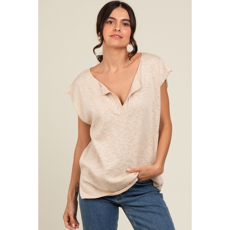 Beige Two Tone Split V-Neck Dolman Short Sleeve Top