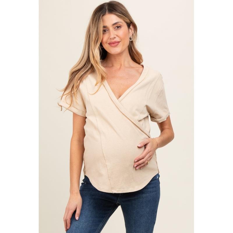 Beige Wrap Short Sleeve Raw Hem Maternity Top