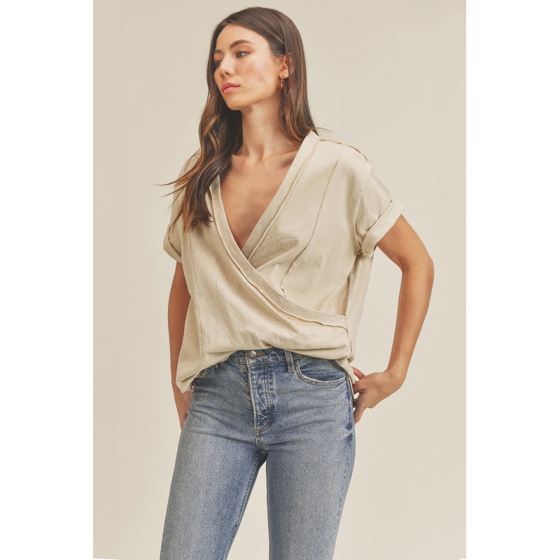 Beige Wrap Short Sleeve Raw Hem Top