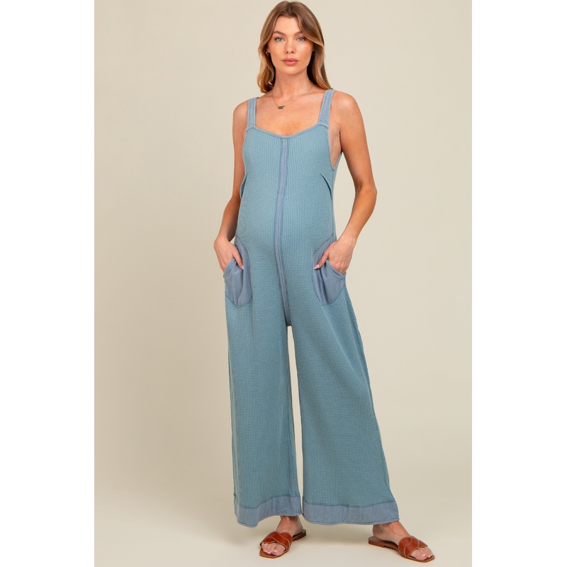 Blue Waffle Knit Wide Leg Maternity Jumpsuit