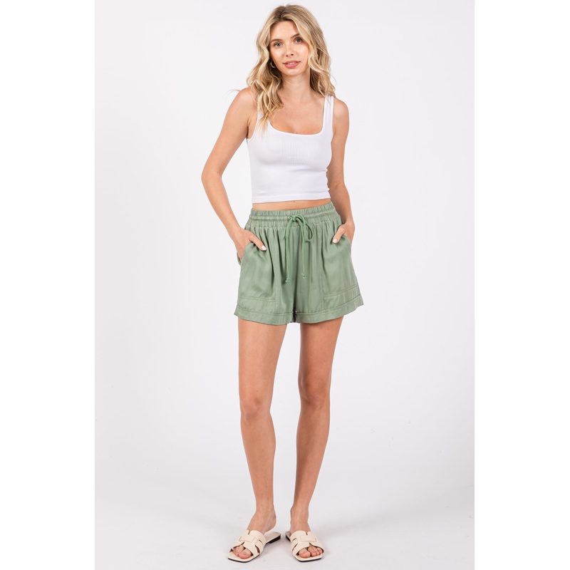 Light Olive Drawstring Waist Tie Shorts