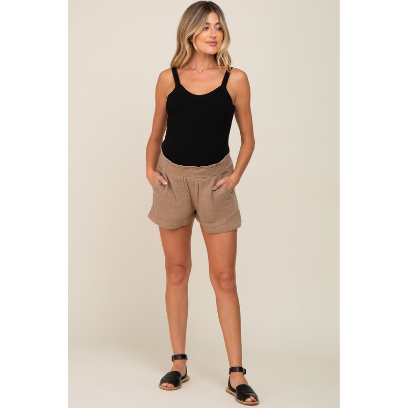 Taupe Gauze Double Layered Maternity Shorts