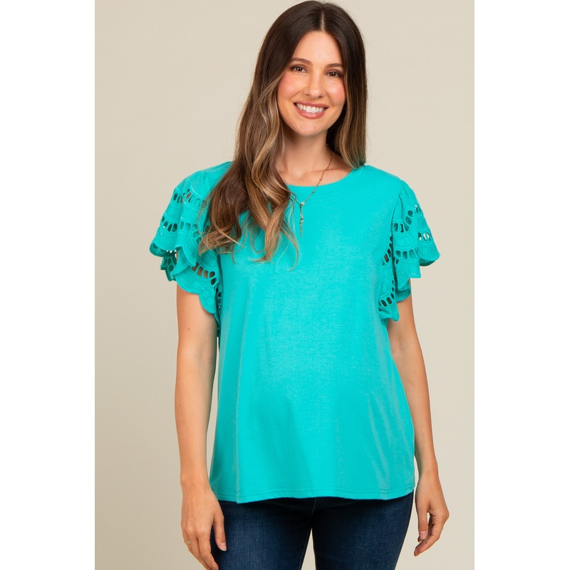 Turquoise Eyelet Lace Short Sleeve Maternity Top