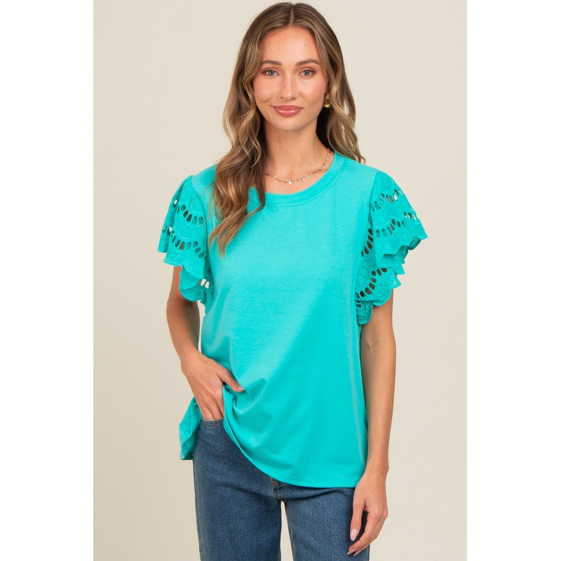 Turquoise Eyelet Lace Short Sleeve Top