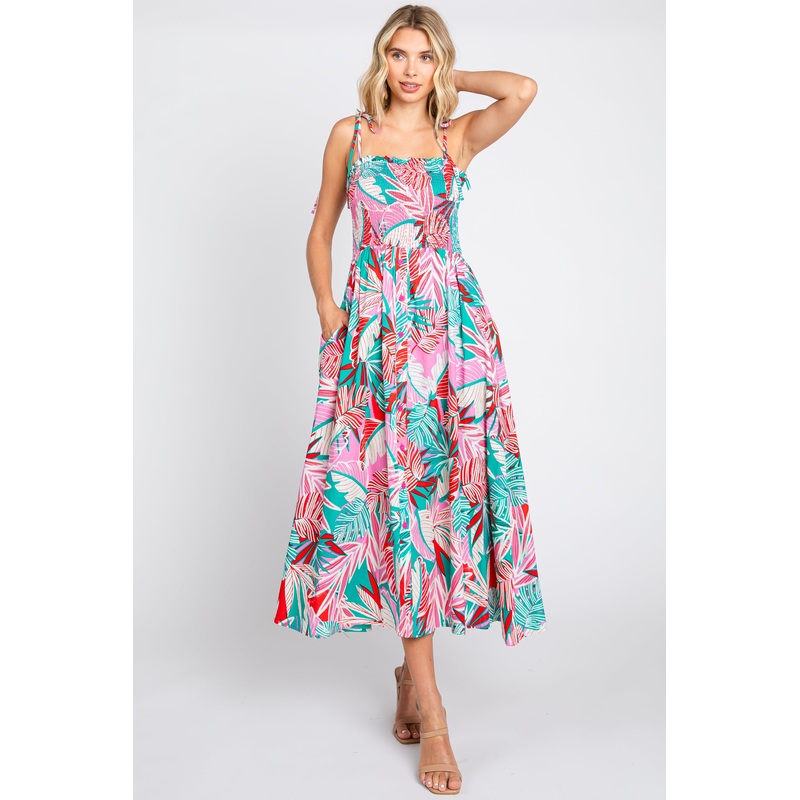 Turquoise Leaf Print Button Accent Maxi Dress