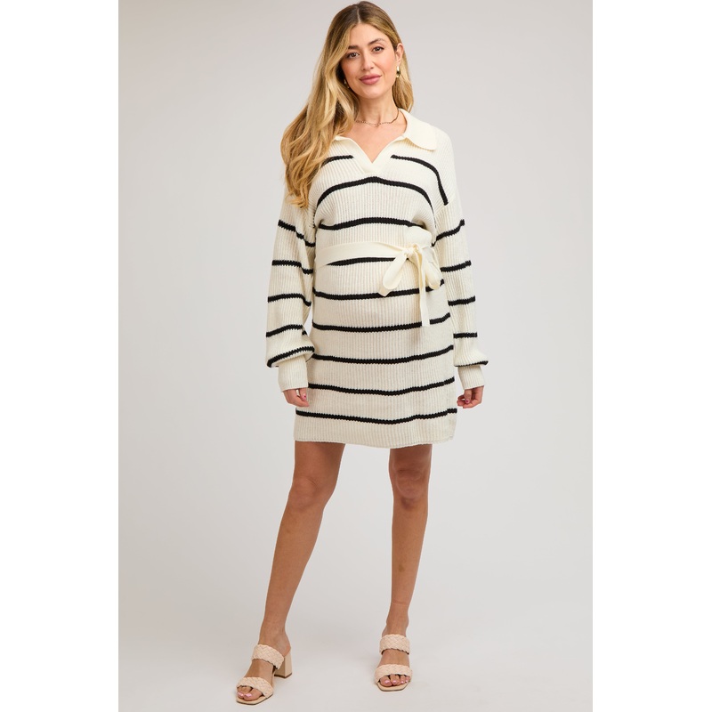 White-Black Striped Knit Collared Long Sleeve Maternity Sweater Dress