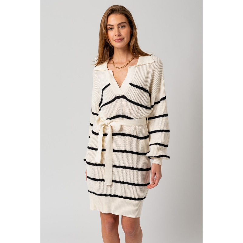 White-Black Striped Knit Collared Long Sleeve Sweater Dress