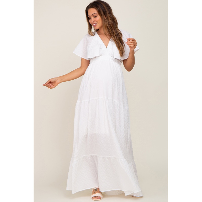 White Crepe Flounce Sleeve Tiered Maternity Maxi Dress