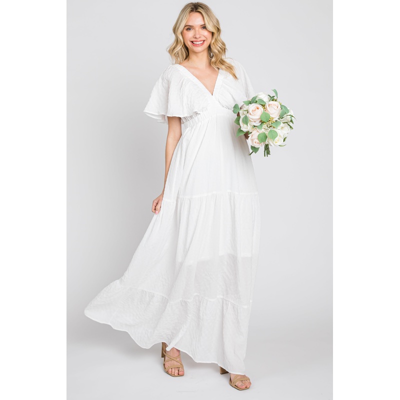 White Crepe Flounce Sleeve Tiered Maxi Dress