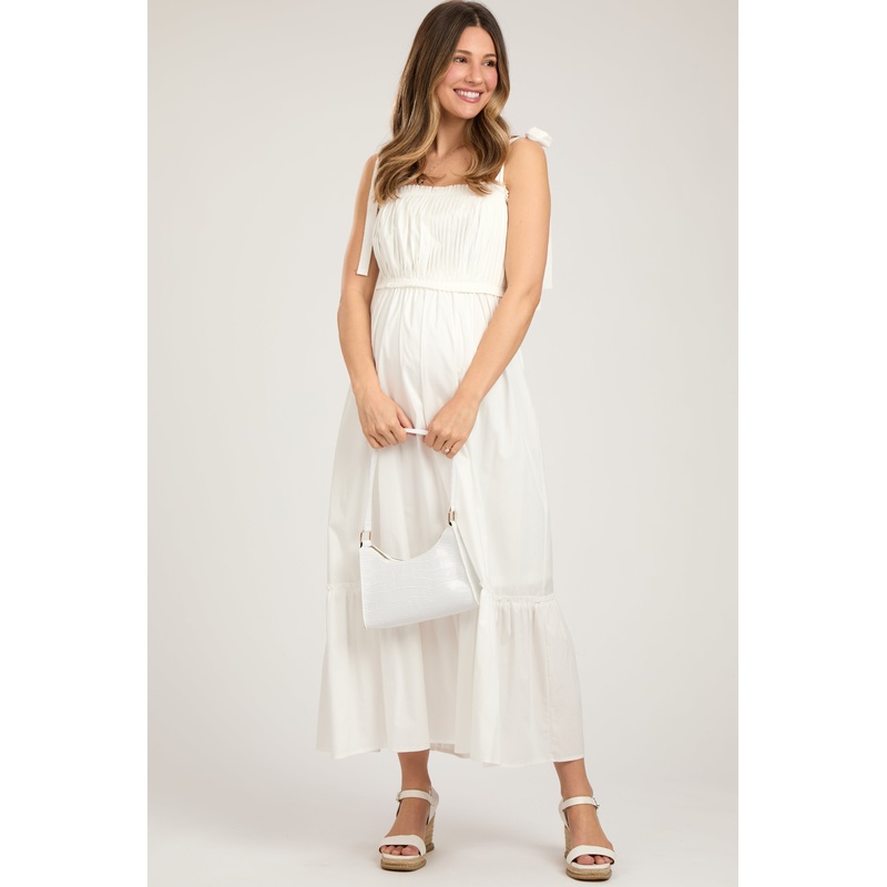 White Pleated Shoulder Tie Maternity Midi Dress