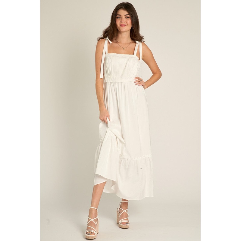 White Pleated Shoulder Tie Midi Dress