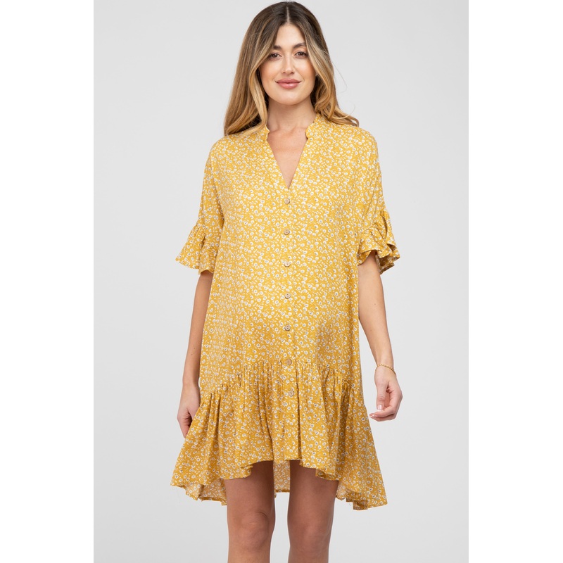 Yellow Floral Ruffle Hi- Lo Hem Maternity Mini Dress