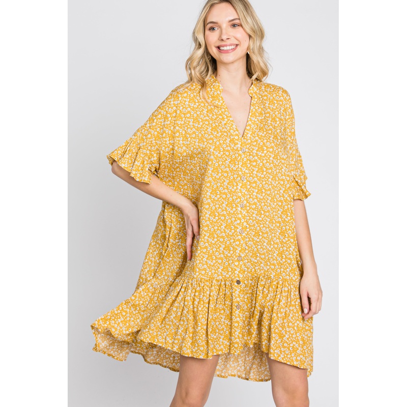 Yellow Floral Ruffle Hi- Lo Hem Mini Dress