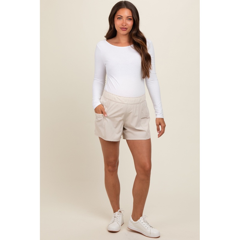 Beige Elastic Waist Side Pocket Active Maternity Shorts
