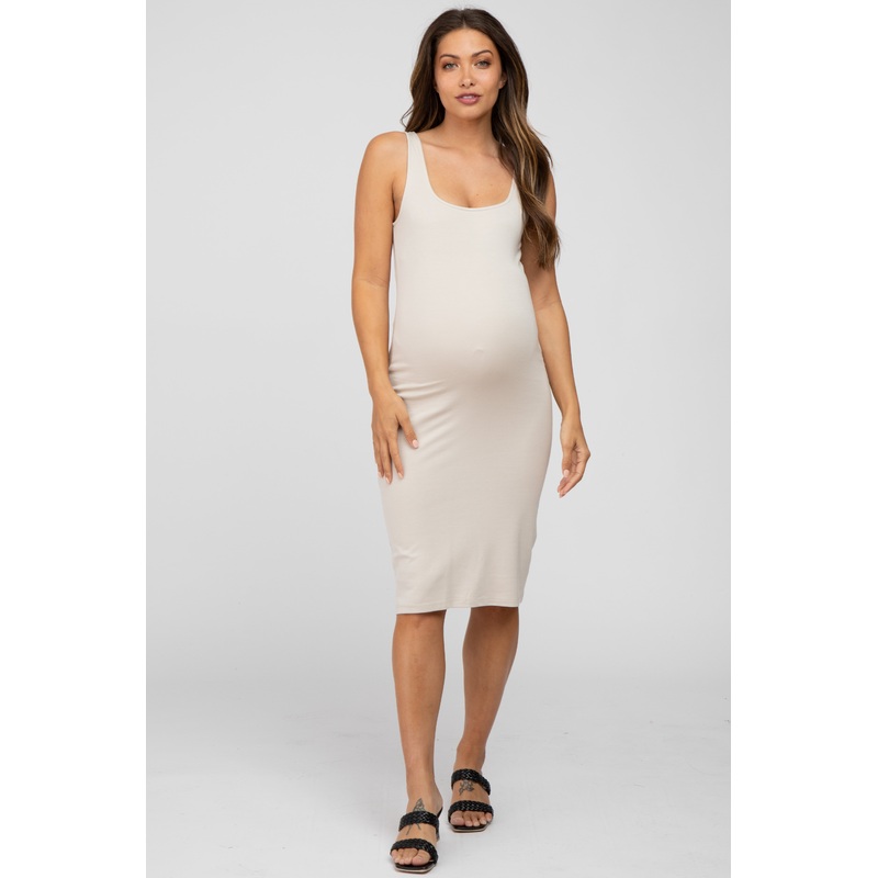 Beige Fitted Maternity Midi Tank Dress