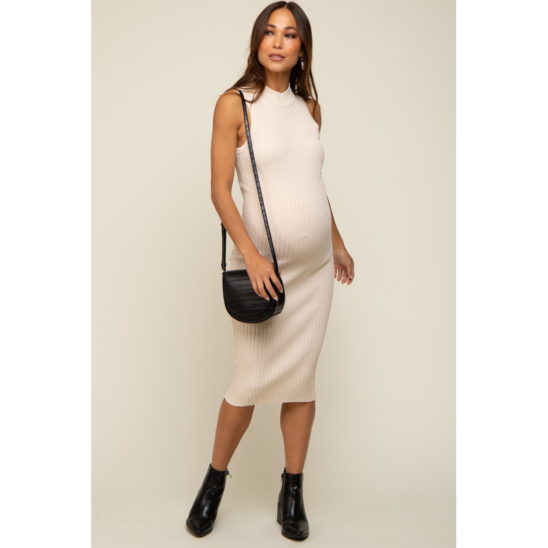 Beige Ribbed Fitted Mock Neck Maternity Dress