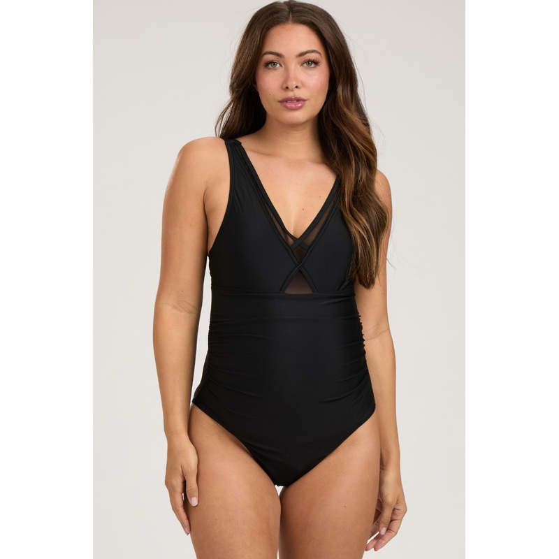 Black Mesh Detail Ruched Maternity One Piece Swimsuit