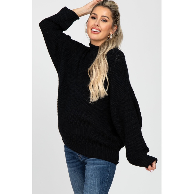 Black Mock Neck Cable Knit Maternity Sweater