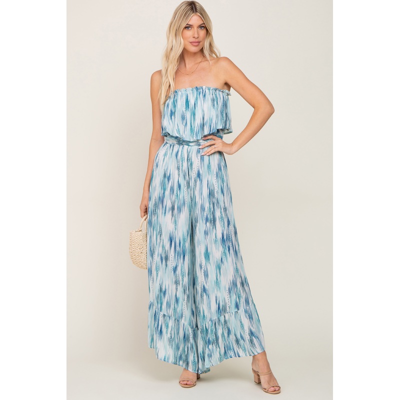 Blue Printed Sleeveless Flounce Jumpsuit
