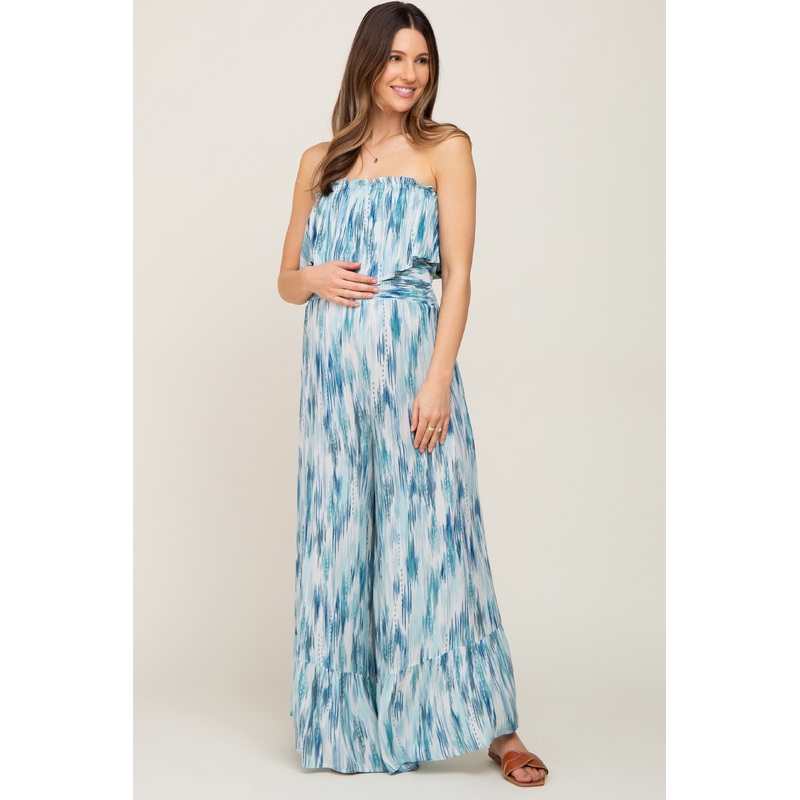 Blue Printed Sleeveless Flounce Maternity Jumpsuit
