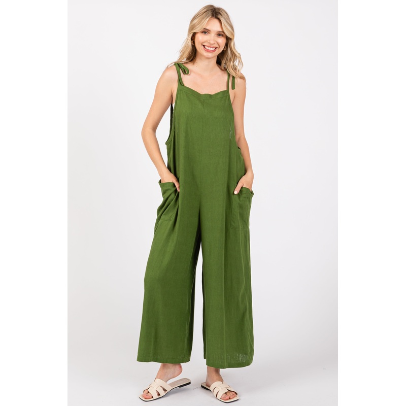 Green Linen Shoulder Tie Jumpsuit