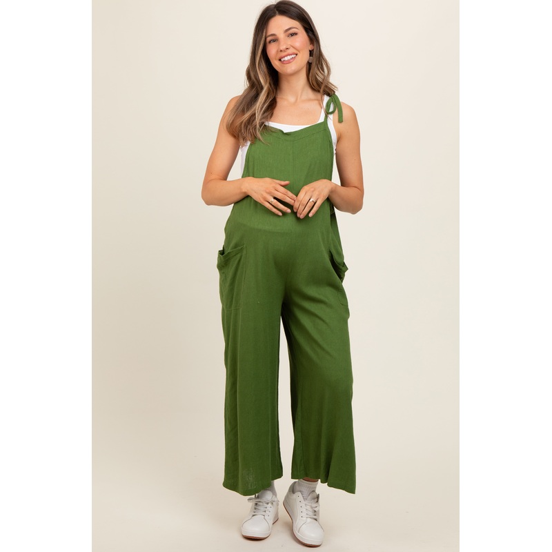 Green Linen Shoulder Tie Maternity Jumpsuit